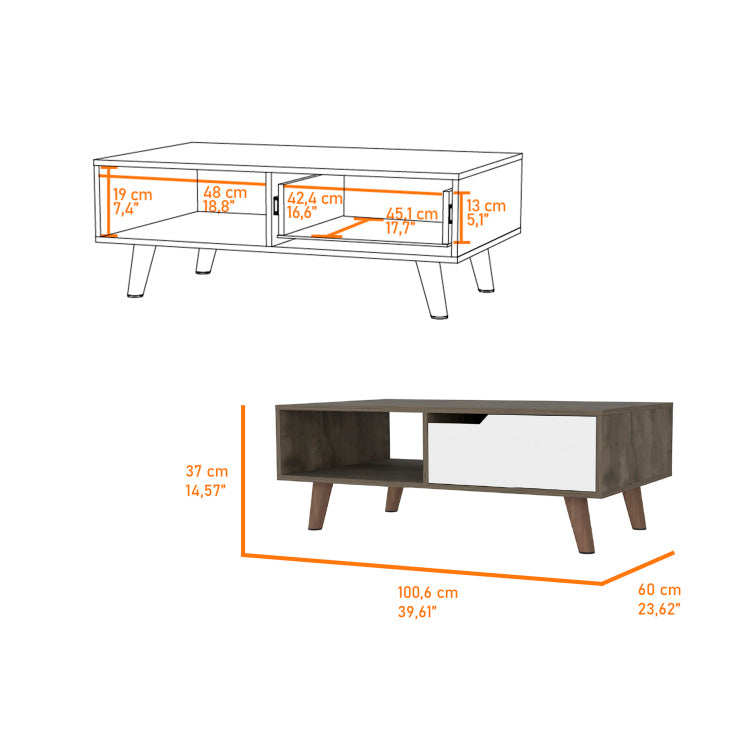 Dark Brown And White 1 Drawer 1 Shelf Rectangle Coffee Table