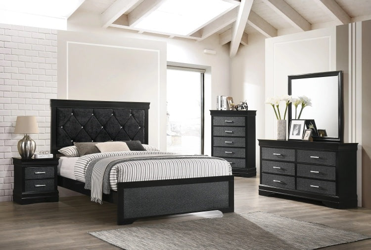Modern 1Pc Black Finish Queen Size Panel Bed Wooden Fabric Upholstered Headboard Crystal Like Button Tufted Fabric Bedroom Furniture
