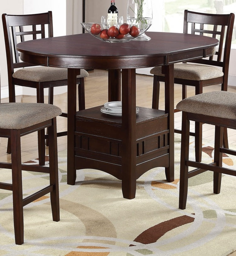Dining Table Round Counter Height Dining Table W Shelve 1Pc Table Only Solid Wood Dark Rosy Brown Finish