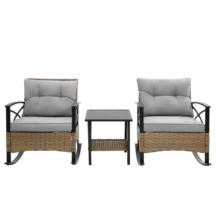3Pcs Rocking Rattan Set Wholesale Leisure Chair Outdoor Rattan Rocking Chair Set Grey