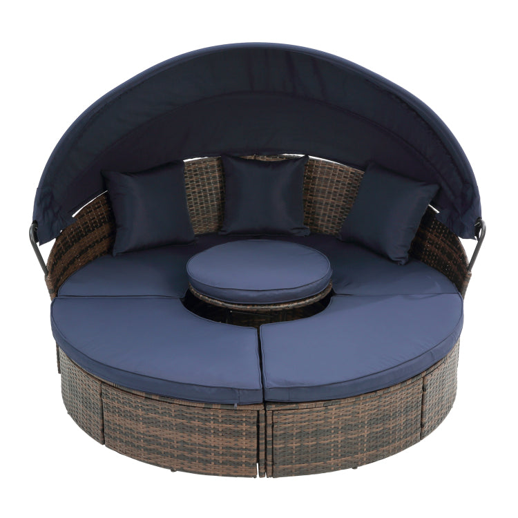 Kd Rattan Round Lounge With Canopy Bali Canopy Bed Outdoor, Wicker Outdoor Sofa Bed With Lift Coffee Table