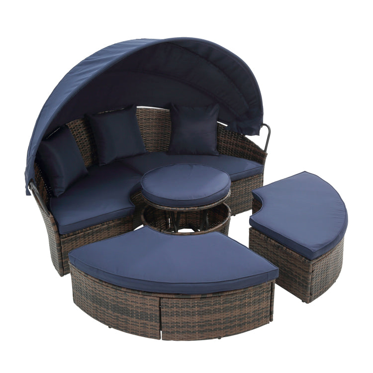 Kd Rattan Round Lounge With Canopy Bali Canopy Bed Outdoor, Wicker Outdoor Sofa Bed With Lift Coffee Table