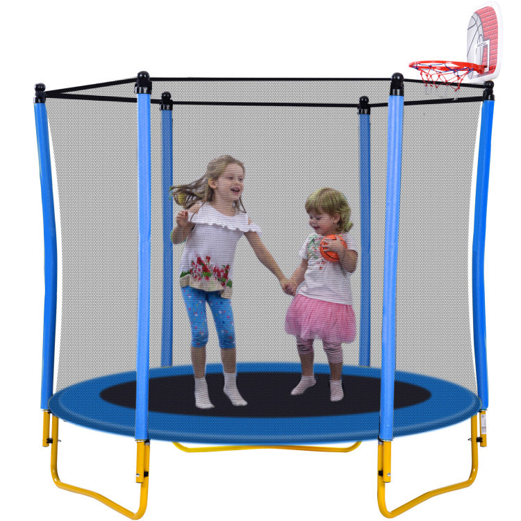 5.5Ft Trampoline For Kids 65" Outdoor & Indoor Mini Toddler Trampoline With Enclosure, Basketball Hoop And Ball Included