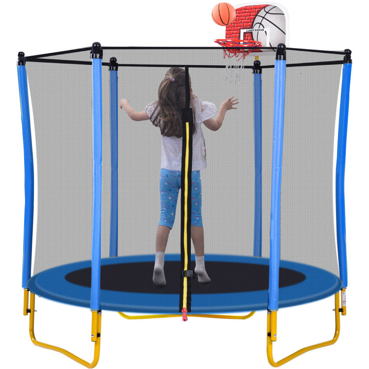 5.5Ft Trampoline For Kids 65" Outdoor & Indoor Mini Toddler Trampoline With Enclosure, Basketball Hoop And Ball Included