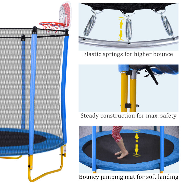 5.5Ft Trampoline For Kids 65" Outdoor & Indoor Mini Toddler Trampoline With Enclosure, Basketball Hoop And Ball Included