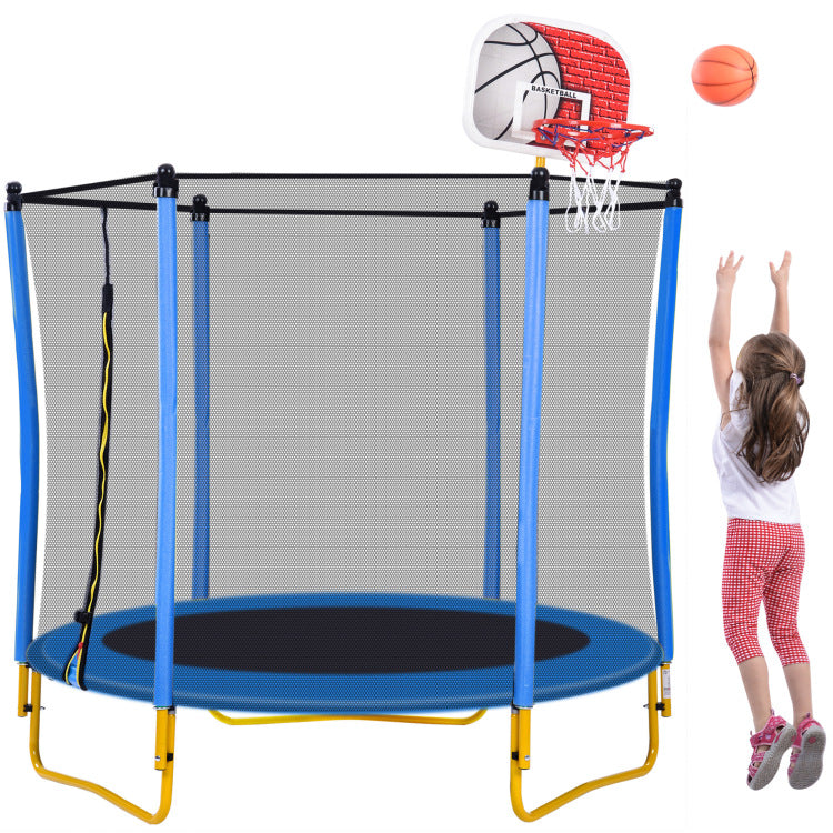 5.5Ft Trampoline For Kids 65" Outdoor & Indoor Mini Toddler Trampoline With Enclosure, Basketball Hoop And Ball Included