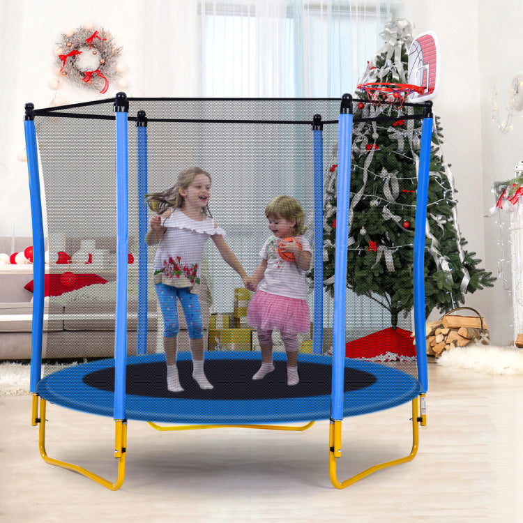 5.5Ft Trampoline For Kids 65" Outdoor & Indoor Mini Toddler Trampoline With Enclosure, Basketball Hoop And Ball Included