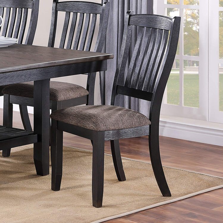 Transitional Dining Room 7Pc Set Dark Coffee Rubberwood Dining Table W Shelf And 6X Side Chairs Fabric Upholstered Seats Unique Back Chairs