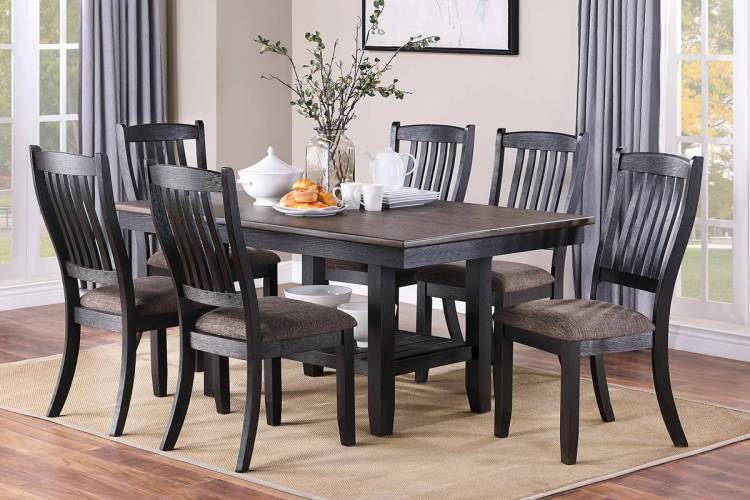 Transitional Dining Room 7Pc Set Dark Coffee Rubberwood Dining Table W Shelf And 6X Side Chairs Fabric Upholstered Seats Unique Back Chairs