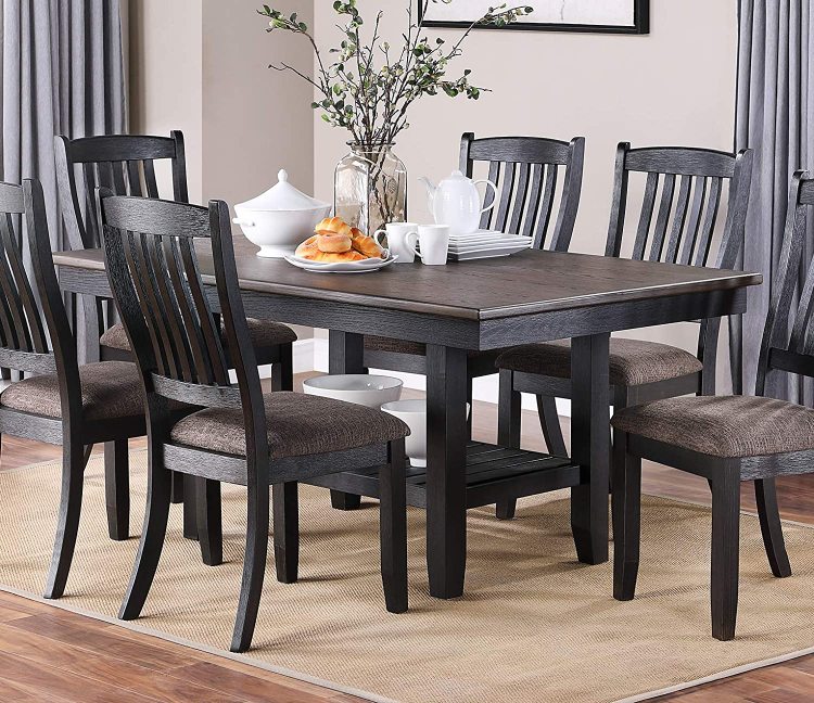 Transitional Dining Room 7Pc Set Dark Coffee Rubberwood Dining Table W Shelf And 6X Side Chairs Fabric Upholstered Seats Unique Back Chairs