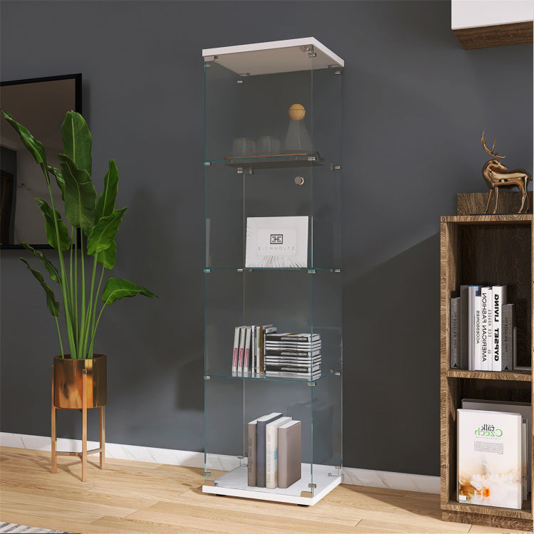4 Shelves Glass Cabinet Glass Display Cabinet With One Door, White