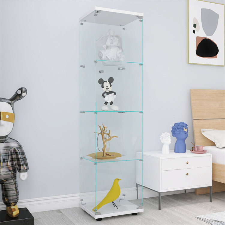 4 Shelves Glass Cabinet Glass Display Cabinet With One Door, White