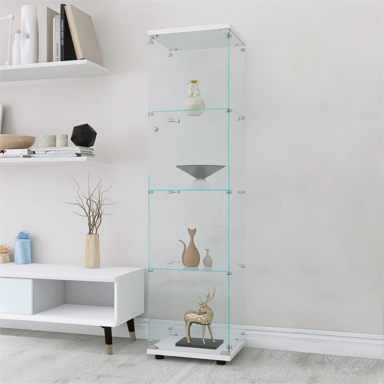 4 Shelves Glass Cabinet Glass Display Cabinet With One Door, White
