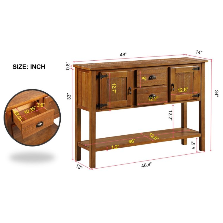48'' Solid Wood Sideboard Console Table With 2 Drawers And Cabinets And Bottom Shelf, Retro Style Storage Dining Buffet Server Cabinet For Living Room Kitchen Dining Room Brown
