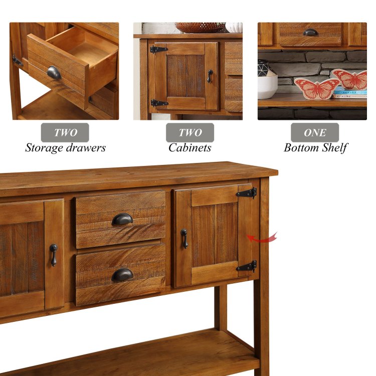 48'' Solid Wood Sideboard Console Table With 2 Drawers And Cabinets And Bottom Shelf, Retro Style Storage Dining Buffet Server Cabinet For Living Room Kitchen Dining Room Brown