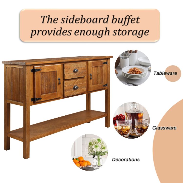48'' Solid Wood Sideboard Console Table With 2 Drawers And Cabinets And Bottom Shelf, Retro Style Storage Dining Buffet Server Cabinet For Living Room Kitchen Dining Room Brown