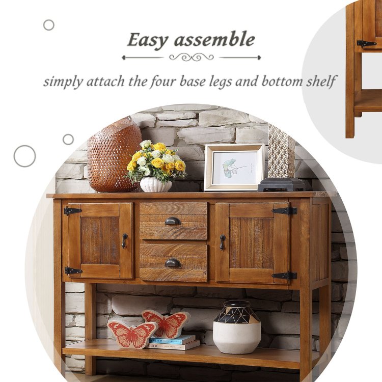 48'' Solid Wood Sideboard Console Table With 2 Drawers And Cabinets And Bottom Shelf, Retro Style Storage Dining Buffet Server Cabinet For Living Room Kitchen Dining Room Brown