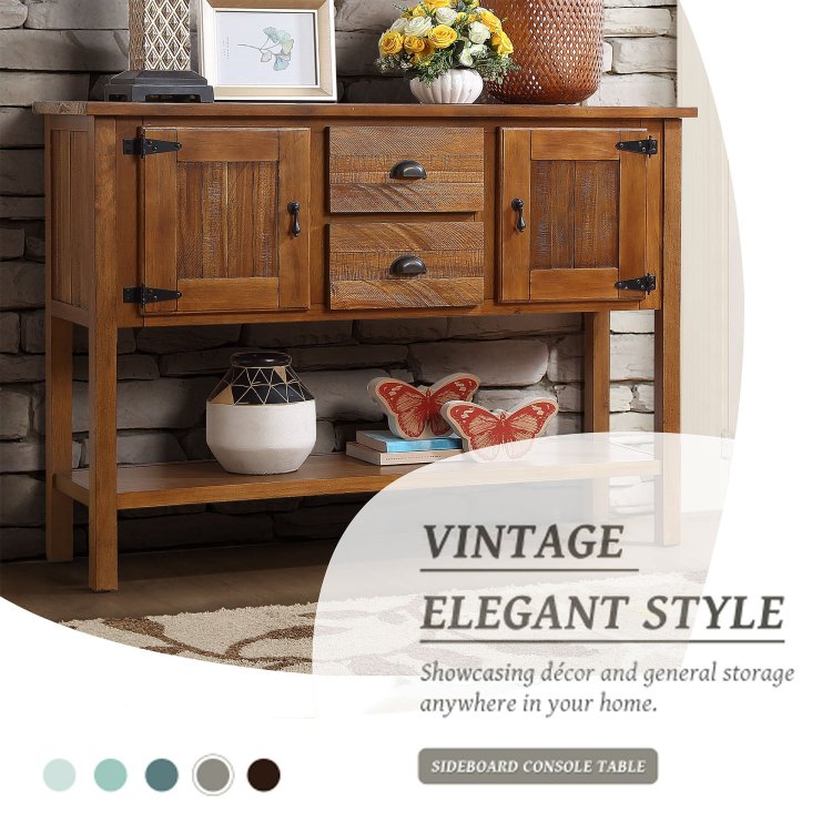 48'' Solid Wood Sideboard Console Table With 2 Drawers And Cabinets And Bottom Shelf, Retro Style Storage Dining Buffet Server Cabinet For Living Room Kitchen Dining Room Brown