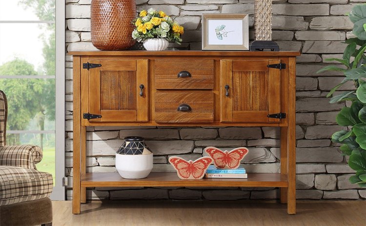 48'' Solid Wood Sideboard Console Table With 2 Drawers And Cabinets And Bottom Shelf, Retro Style Storage Dining Buffet Server Cabinet For Living Room Kitchen Dining Room Brown