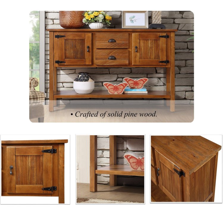 48'' Solid Wood Sideboard Console Table With 2 Drawers And Cabinets And Bottom Shelf, Retro Style Storage Dining Buffet Server Cabinet For Living Room Kitchen Dining Room Brown