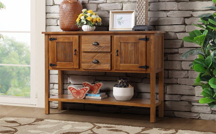 48'' Solid Wood Sideboard Console Table With 2 Drawers And Cabinets And Bottom Shelf, Retro Style Storage Dining Buffet Server Cabinet For Living Room Kitchen Dining Room Brown