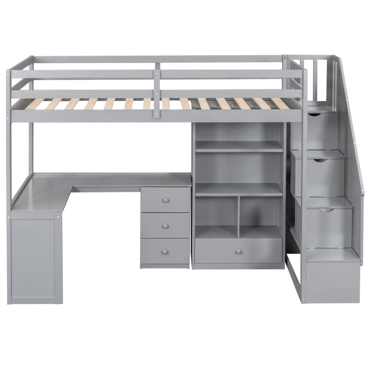 Twin Size Loft Bed With L Shaped Desk And Drawers, Cabinet And Storage Staircase, Gray