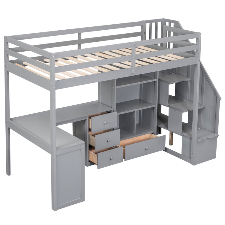 Twin Size Loft Bed With L Shaped Desk And Drawers, Cabinet And Storage Staircase, Gray