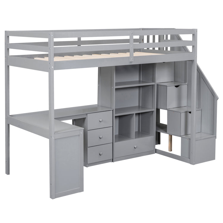 Twin Size Loft Bed With L Shaped Desk And Drawers, Cabinet And Storage Staircase, Gray
