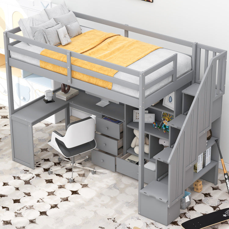 Twin Size Loft Bed With L Shaped Desk And Drawers, Cabinet And Storage Staircase, Gray