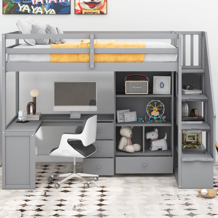 Twin Size Loft Bed With L Shaped Desk And Drawers, Cabinet And Storage Staircase, Gray