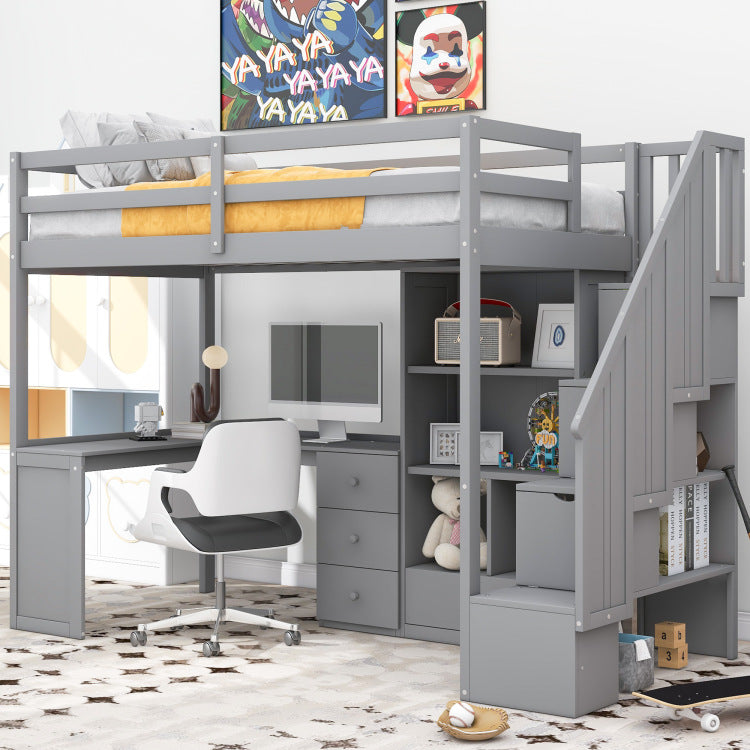 Twin Size Loft Bed With L Shaped Desk And Drawers, Cabinet And Storage Staircase, Gray