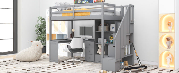 Twin Size Loft Bed With L Shaped Desk And Drawers, Cabinet And Storage Staircase, Gray