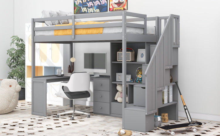 Twin Size Loft Bed With L Shaped Desk And Drawers, Cabinet And Storage Staircase, Gray