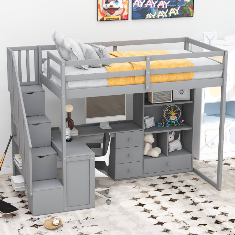 Twin Size Loft Bed With L Shaped Desk And Drawers, Cabinet And Storage Staircase, Gray
