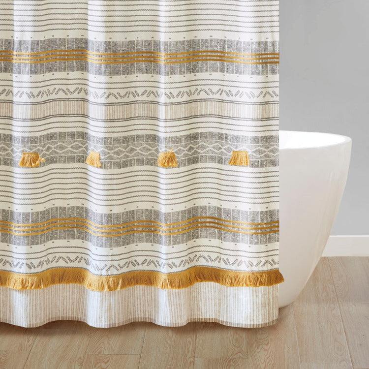 Cotton Stripe Printed Shower Curtain With Tassel