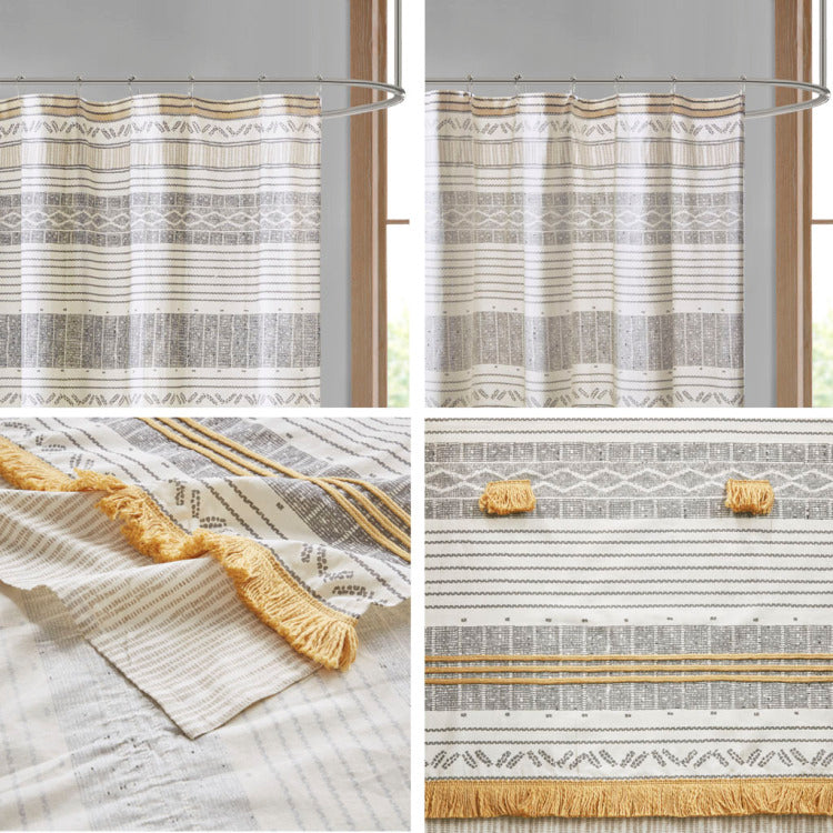 Cotton Stripe Printed Shower Curtain With Tassel