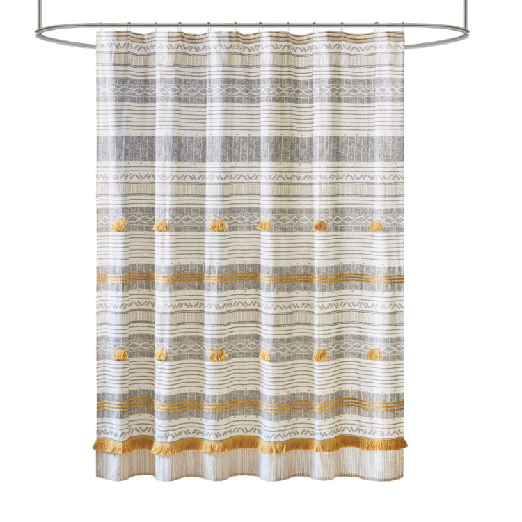 Cotton Stripe Printed Shower Curtain With Tassel