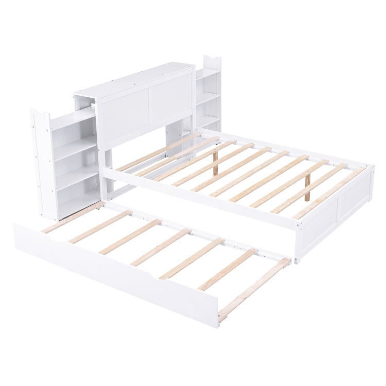 Full Size Storage Platform Bed With Pull Out Shelves And Twin Size Trundle, White