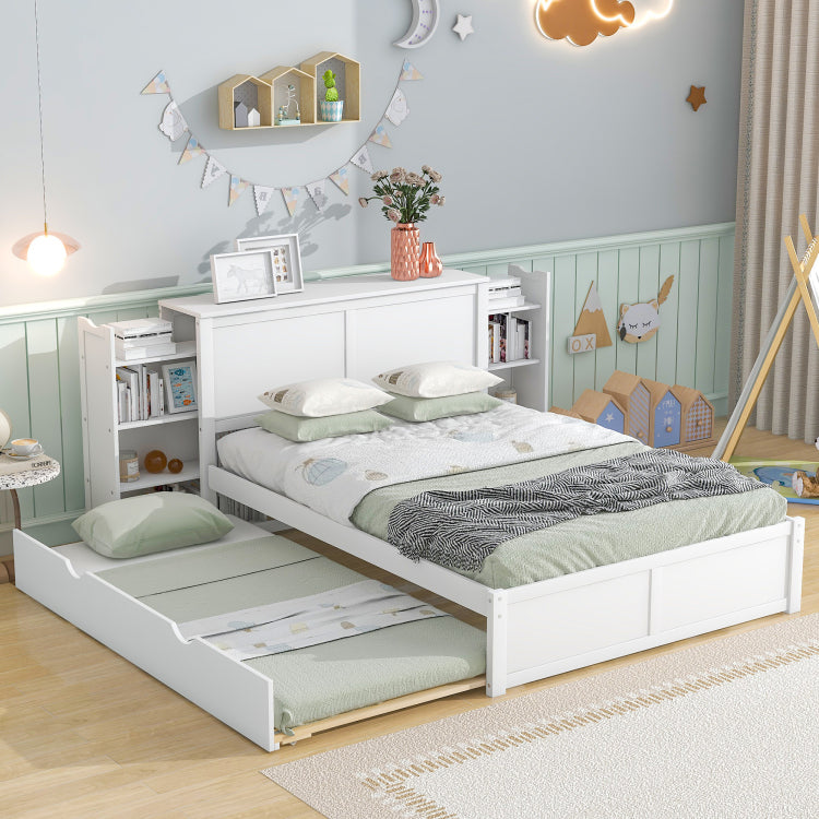 Full Size Storage Platform Bed With Pull Out Shelves And Twin Size Trundle, White