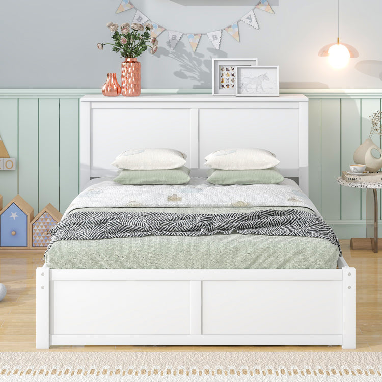 Full Size Storage Platform Bed With Pull Out Shelves And Twin Size Trundle, White