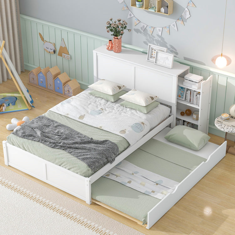 Full Size Storage Platform Bed With Pull Out Shelves And Twin Size Trundle, White