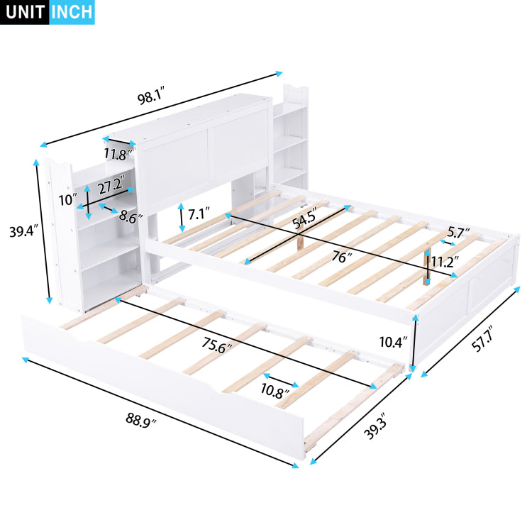 Full Size Storage Platform Bed With Pull Out Shelves And Twin Size Trundle, White