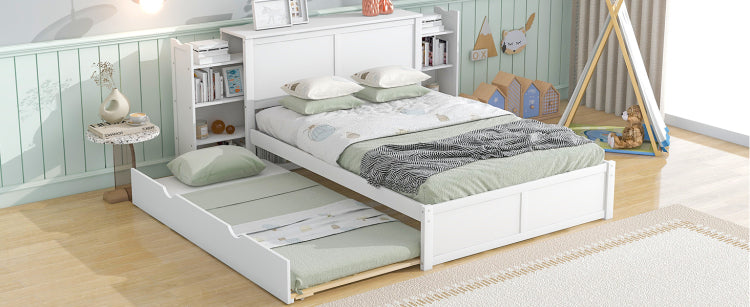 Full Size Storage Platform Bed With Pull Out Shelves And Twin Size Trundle, White