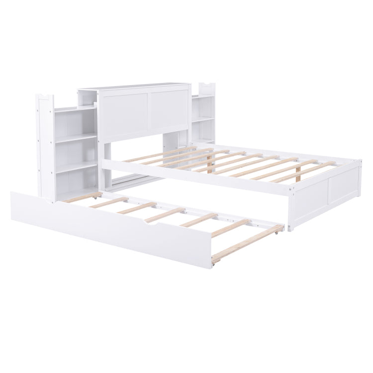 Full Size Storage Platform Bed With Pull Out Shelves And Twin Size Trundle, White