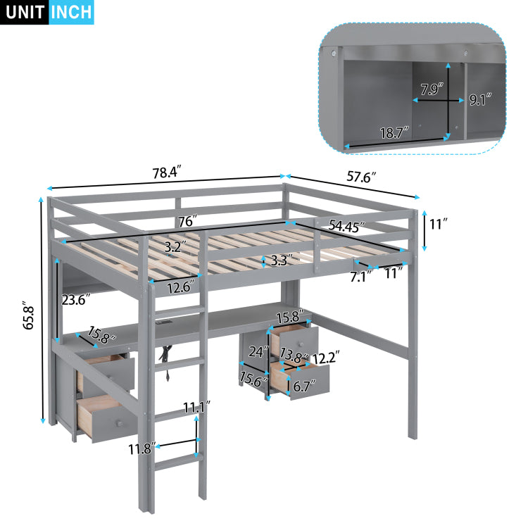 Full Size Loft Bed With Desk, Cabinets, Drawers And Bedside Tray, Charging Station, Gray