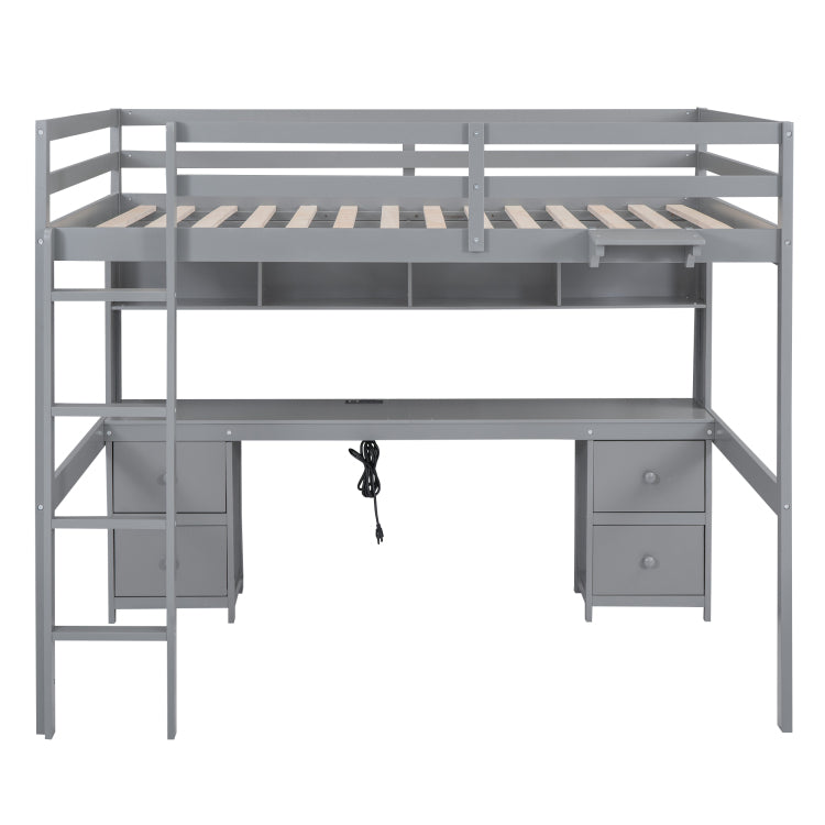 Full Size Loft Bed With Desk, Cabinets, Drawers And Bedside Tray, Charging Station, Gray