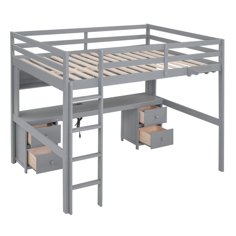 Full Size Loft Bed With Desk, Cabinets, Drawers And Bedside Tray, Charging Station, Gray