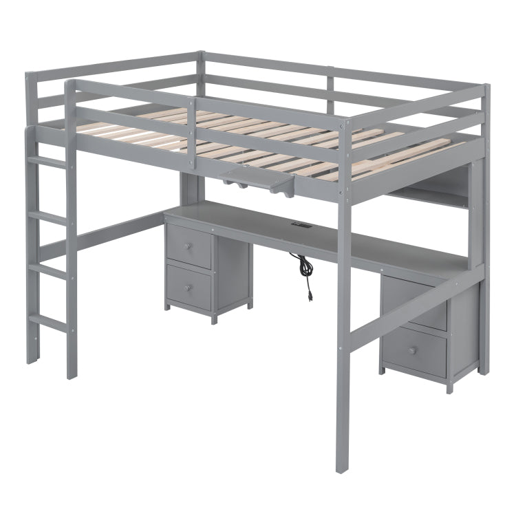 Full Size Loft Bed With Desk, Cabinets, Drawers And Bedside Tray, Charging Station, Gray