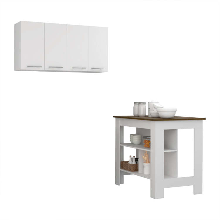 Burlingame 5 Shelf 4 Door 2 Piece Kitchen Set, Kitchen Island And Upper Wall Cabinet White And Walnut