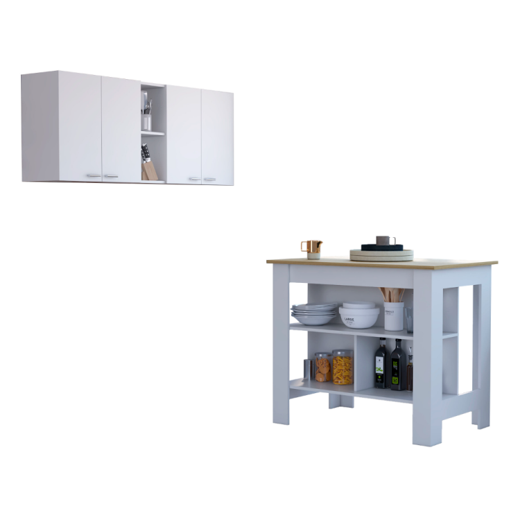 Sierra 7 Shelf 4 Door 2 Piece Kitchen Set, Upper Wall Cabinet And Kitchen Island White And Light Oak